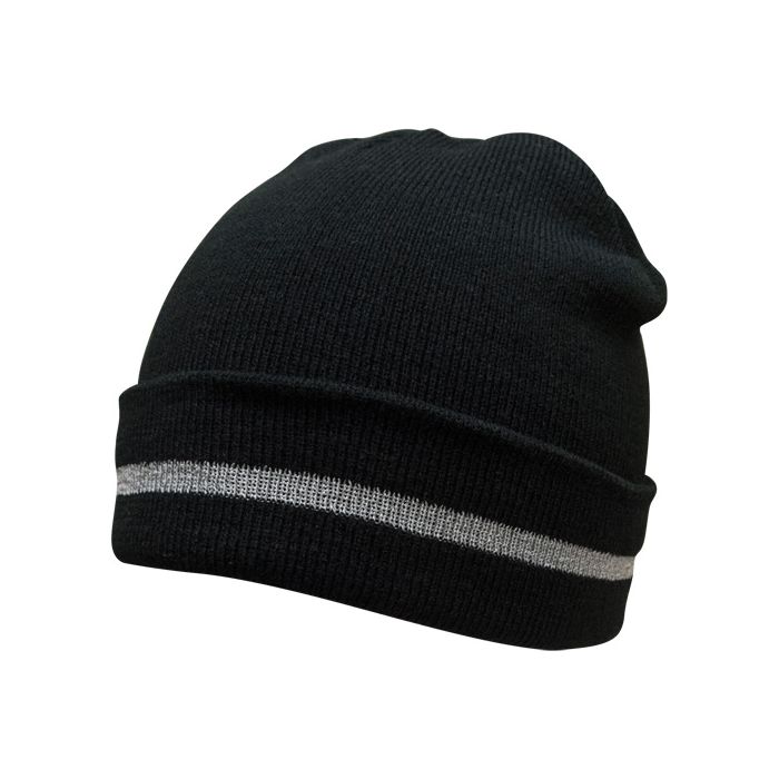 Knit Hat with Silver Reflective Stripe, One Size, Black