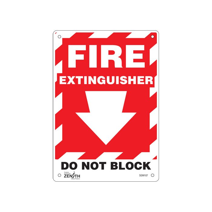 "Fire Extinguisher Do Not Block" with Down Arrow Sign