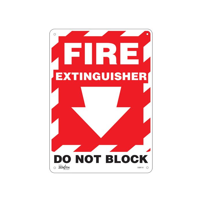 "Fire Extinguisher Do Not Block" with Down Arrow Sign